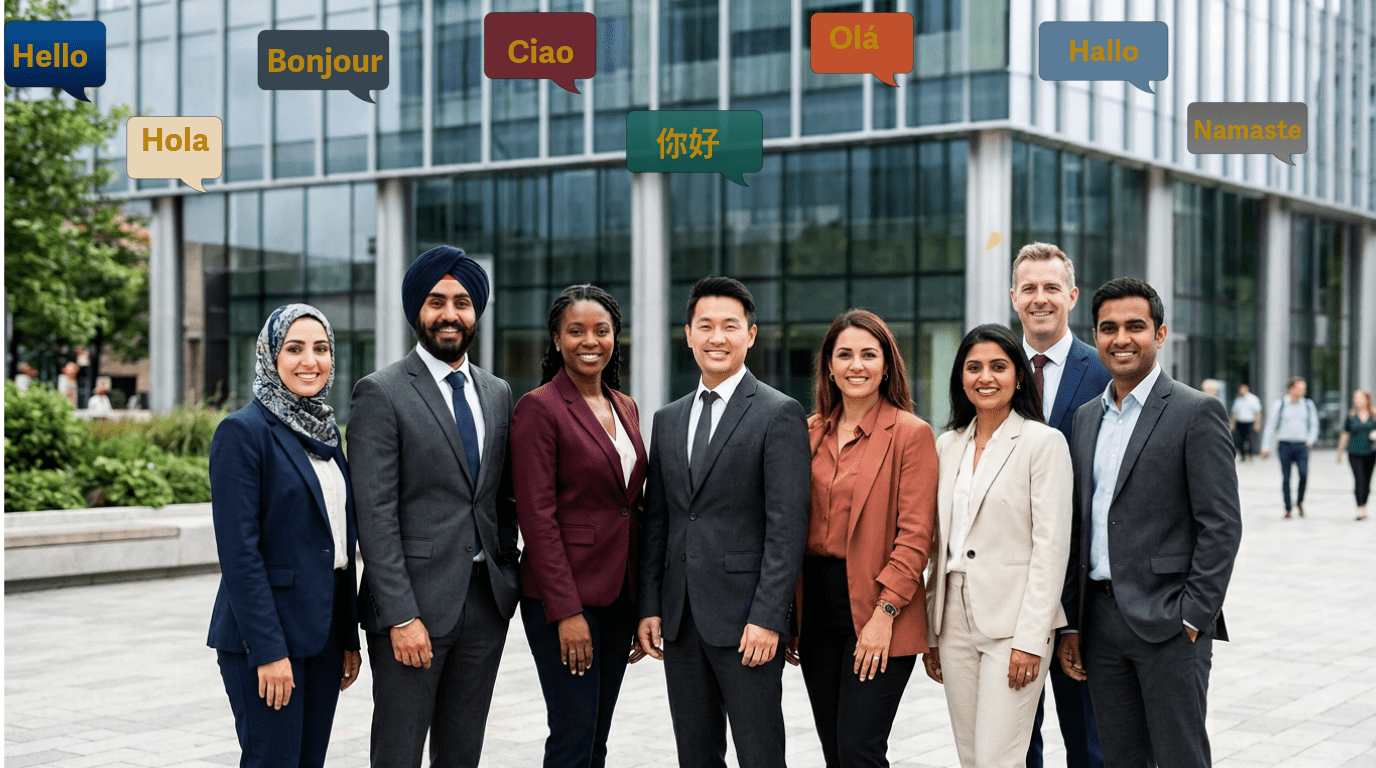 Diverse group of professionals in formal attire standing together outdoors, greeting in multiple languages, showcasing inclusivity and collaboration.